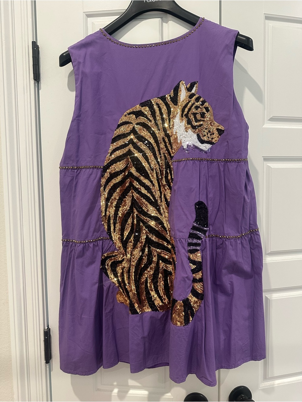 Queen of Sparkles Purple Sleeveless Dress with Gold Sequin Tiger on Back - Picture 3 of 8